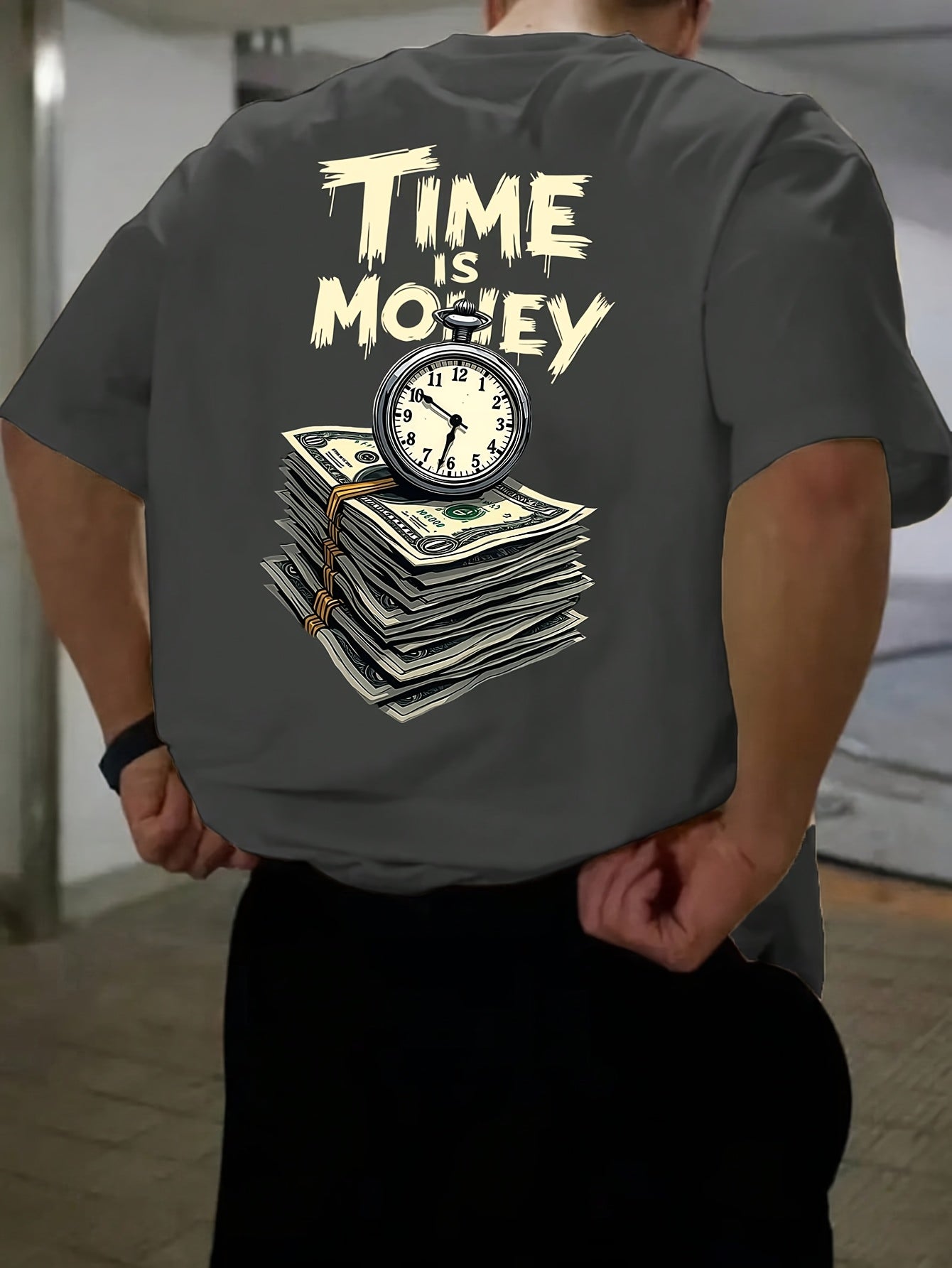 Men'S Casual Short Sleeve T-Shirt with "Time is Money" Clock  Stack of Cash Graphic - Lightweight Polyester, Loose Fit, Round Neck, Perfect for Spring  Summer Outdoor Wear, Relaxed Fit Shirt   Bold Graphic Tee   Glossy Text