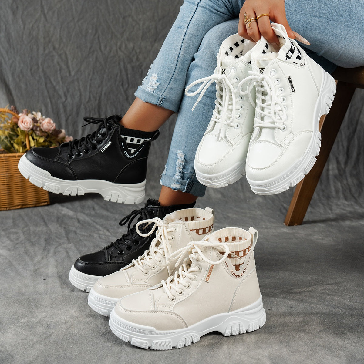 gfhfgjjfg Women's Casual High-Top Platform Ankle Boots with Lace-Up Closure, Thick Rubber Sole & Faux Cover Upper - Winter Warm Round Toe Boots for Casual Attire (Black/White/Beige), Comfortable Footwear, Durable Traction Foo