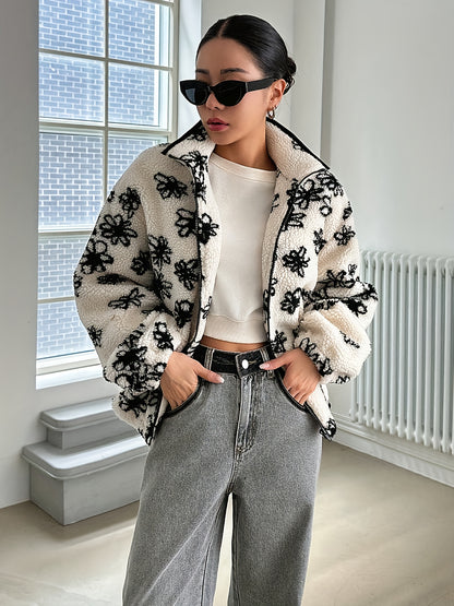 Կանացի հարմարավետ բրդյա երիզով ծաղկային նախշերով բաճկոն - առօրյա երկար թևքով կայծակաճարմանդով սև և սպիտակ ծաղկային նախշերով, փափուկ տաք վերնազգեստ աշուն/ձմեռ, հարմարավետ աշնանային հագուստ | Ծաղկային նախշերով բաճկոն | Կայծակաճարմանդով բաճկոն