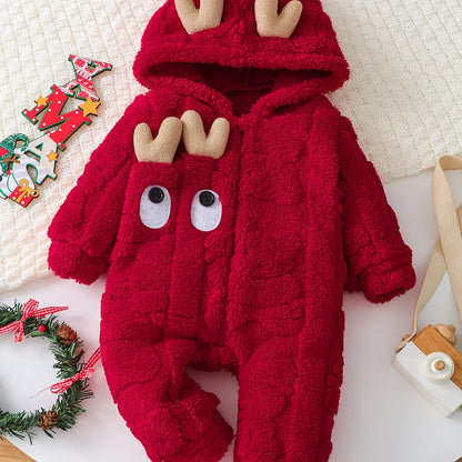 Տղաների և ձմեռային փափուկ գլխարկով կոմբինեզոն - փափուկ, կայծակաճարմանդով, ամբողջ մարմինը՝ ձնառատ, եղջյուրներով, լվացքի մեքենայով լվացվող տաք հագուստ և հարմարավետ կարմիր մանկական հագուստ, իդեալական է բացօթյա օգտագործման համար։