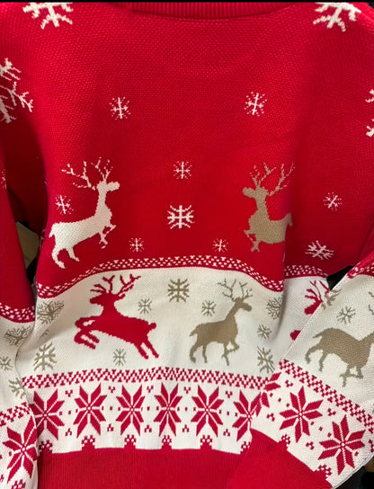 Women's Elegant Red & White Winter Sweater with Nordic Reindeer & Snowflake Pattern - Cozy Sweater for Christmas, New Year's Eve, Valentine's Day - Machine Washable Long Sleeve Round Neck Sweater in Red, White, Brown & Black
