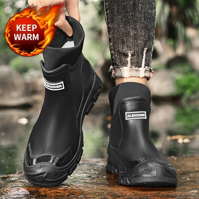 Men's Winter Plush-Lined Short Slip-On Rain Boots, Warm & Durable
