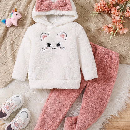 [1 հավաքածու] Սիրուն կատվի ասեղնագործությամբ, երկար թևքերով, գլխարկով, խիտ սվիտեր վերնաշապիկ + տաբատ, աղջիկների հանդերձանք աշուն/ձմեռ, նվեր առօրյա զբոսանքների համար