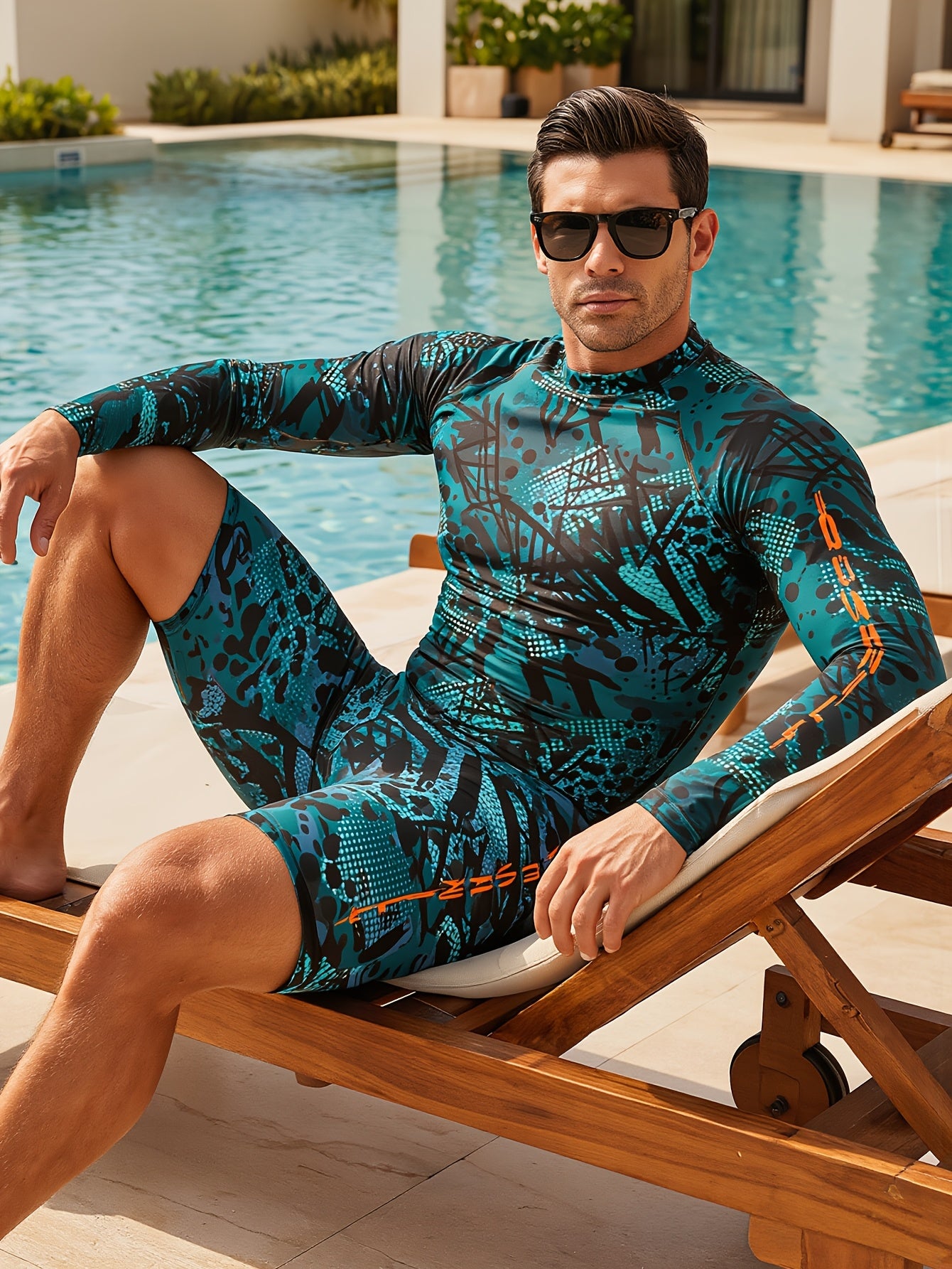 Men's Athletic 2-Piece Long-Sleeve Swimwear Set with Geometric Design