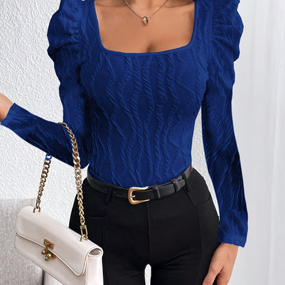 Աշնանային և ձմեռային նոր, քառակուսի վզնոցով, հյուսվածքային գործվածքից, պղպջակավոր թևքերով, էլեգանտ, երկար թևքերով կանացի վերնաշապիկ