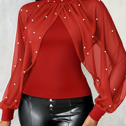 Women'S Elegant Off-Shoulder/One-Shoulder Tunic Top - Red/ - Long Sleeve Blouse with Pearl-like Beads - Formal & Everyday Chic Outfits - Spring/Fall, Fashion Lovers, Stylish Blouse, Quality Stitching, Sophisticated Design, Se