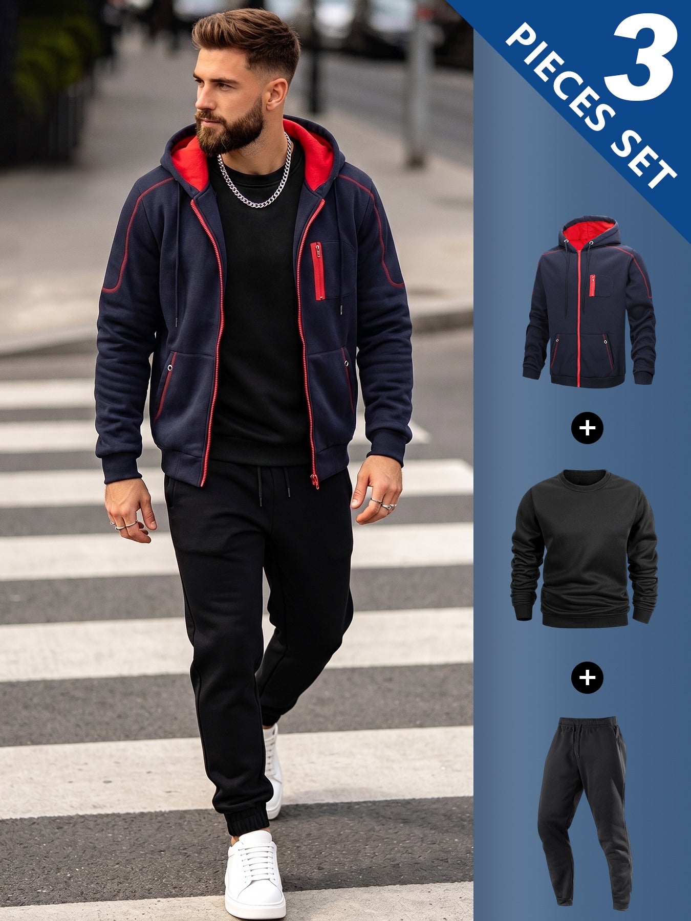 Men's Casual 3-Piece Set: Hooded Jacket, Sweatshirt & Joggers