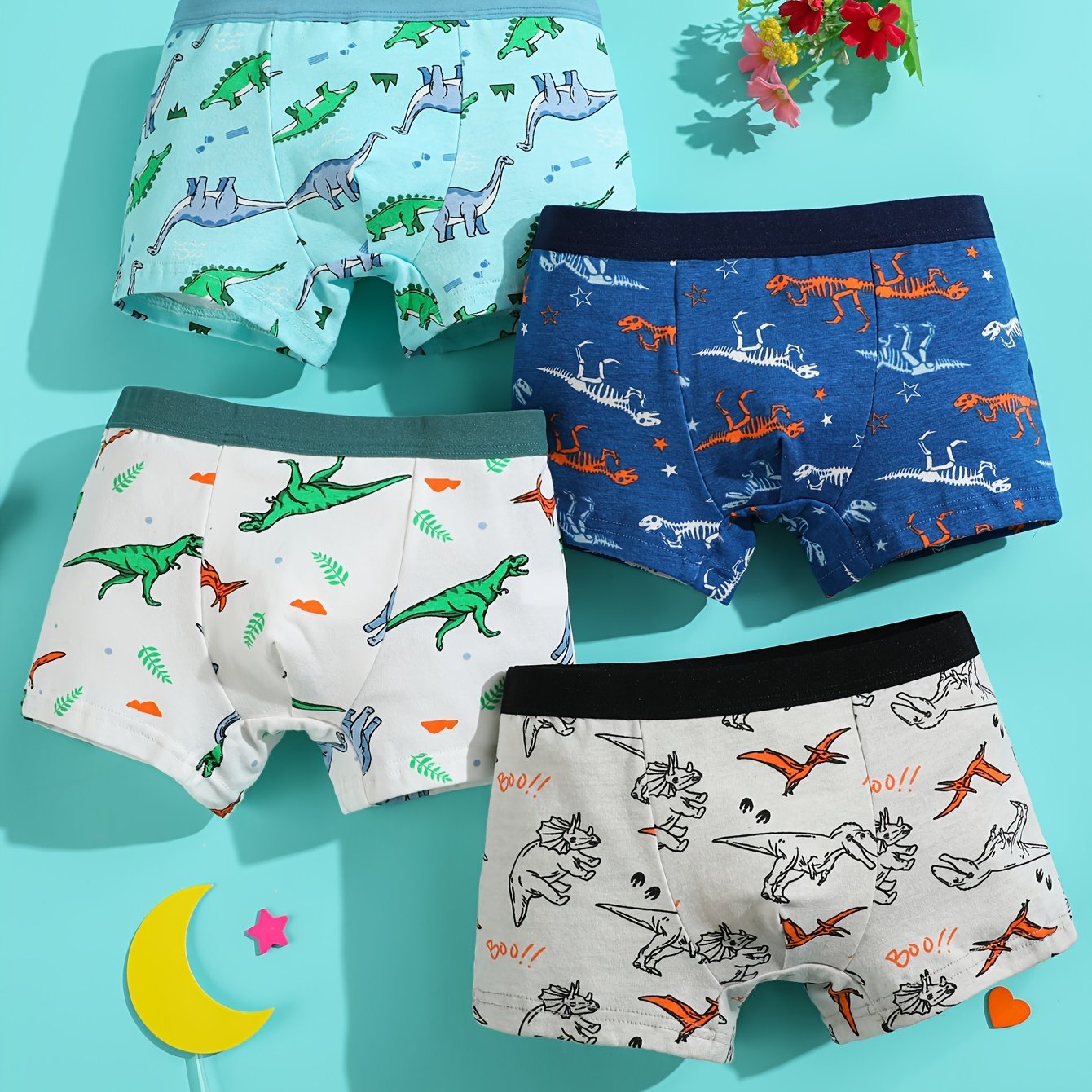 [4 հատ Cute Dinosaur Print Boys' Boxer Briefs] 4-Pack Cute Dinosaur Print Բամբակյա Բռնցքամարտիկ Տղաների համար, Փափուկ տրիկոտաժե ներքնազգեստ միջին առաձգականությամբ, սովորական պիտանի - Տղաների բամբակյա ներքնաշորեր