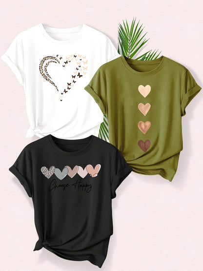 Leopard Print Small Butterfly Love Hearts in Pairs with English Letter Pattern Printed Fashion Retro Style Women's Spring, Autumn and Winter Casual Sports Top Round Neck Short Sleeve T-shirt 3pcs Combination Pack Family Pack