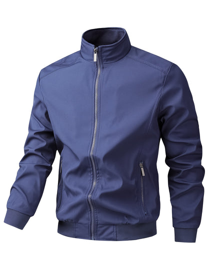 Men's Casual Royal Blue Bomber Jacket - Full Zip, Loose Fit, Polyester, Stand Collar, Long Sleeve, Lightweight & Durable for Spring and Fall, Casual Outerwear | Ribbed Cuff Sleeves | Durable Outerwear
