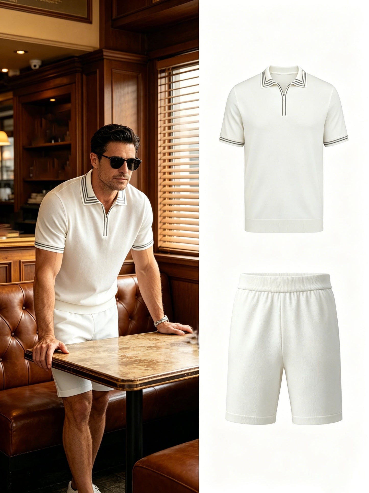 Men's Casual Striped Knit Polo & Lightweight Shorts Set