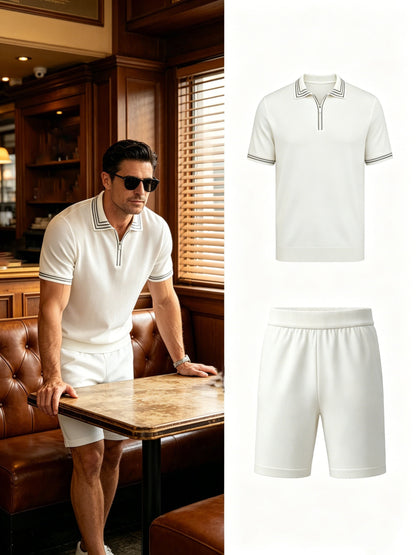 Men's Casual Striped Knit Polo & Lightweight Shorts Set