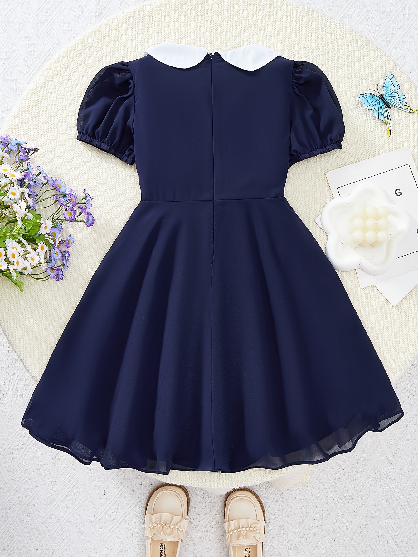 Girls' Summer Preppy Lace Chiffon Dress with Lapel Collar