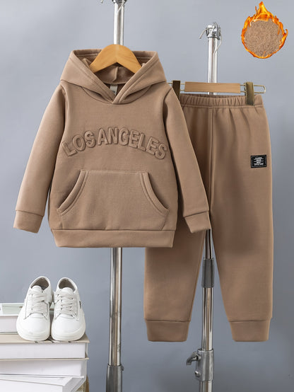 Casual Long Sleeve Hoodie & Joggers Warm Set, LOS ANGELES Letter Embossed Design, 2-piece Boys Co Ord Set For Winter Fall Daily And Outdoor Wear