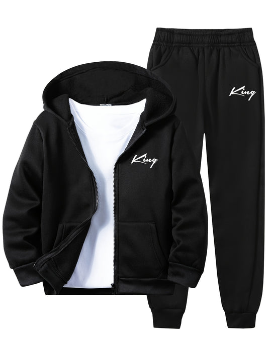 2 հատ մանկական աշնանային և ձմեռային թավշյա կայծակաճարմանդով, գլխարկով վերնաշապիկ + տաբատ, տղաների համար նախատեսված նորաձև, առօրյա սպորտային կոստյում, հարմար է վազքի և ամենօրյա կրելու համար։