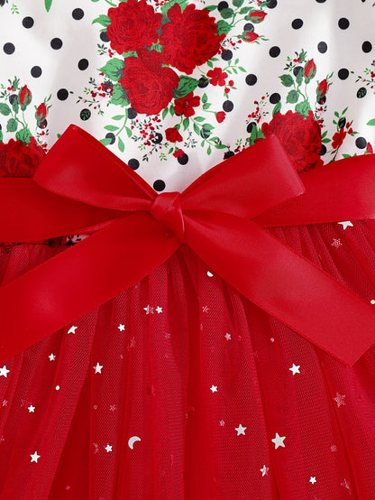 COVIVIKY Girls' Elegant Long Sleeve Party Dress with Puff Skirt & Sheer Panel - Knee-Length A-Line Wedding Prom Dress, Belted Waist Bow & Netting Trim, Hand Washable Winter Formal Gown for Girls (Age 4-12)