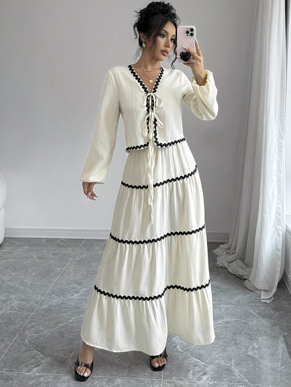Women's Elegant French Style Lantern Sleeve Ruffle Hem Bow Dress and Skirt Set