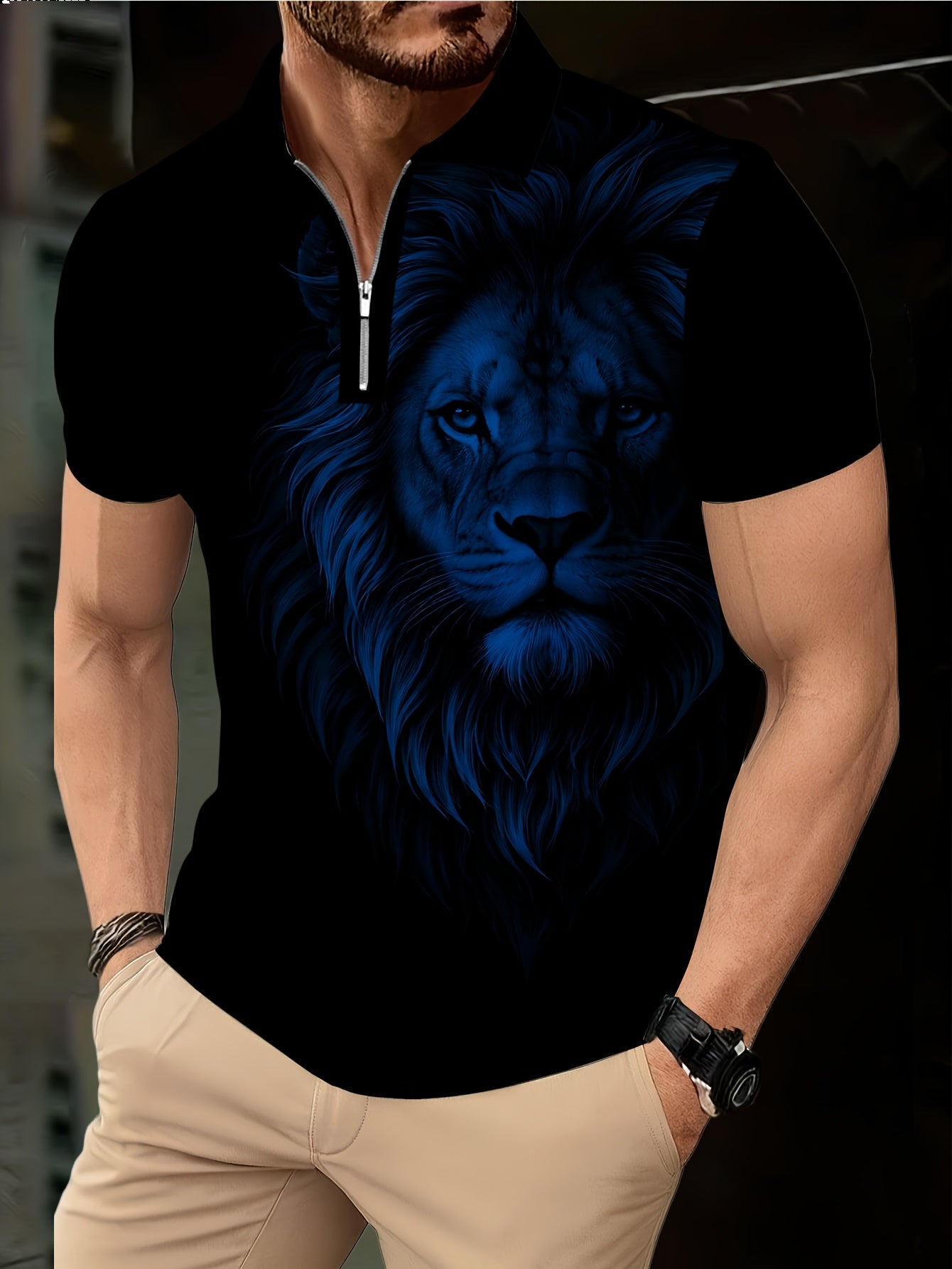 Men's Zip Shirt Short Sleeve Summer Trendy Lion Print Collar T-Shirt Business Casual Slim Fit Men's Top Women's Clothing - ayq