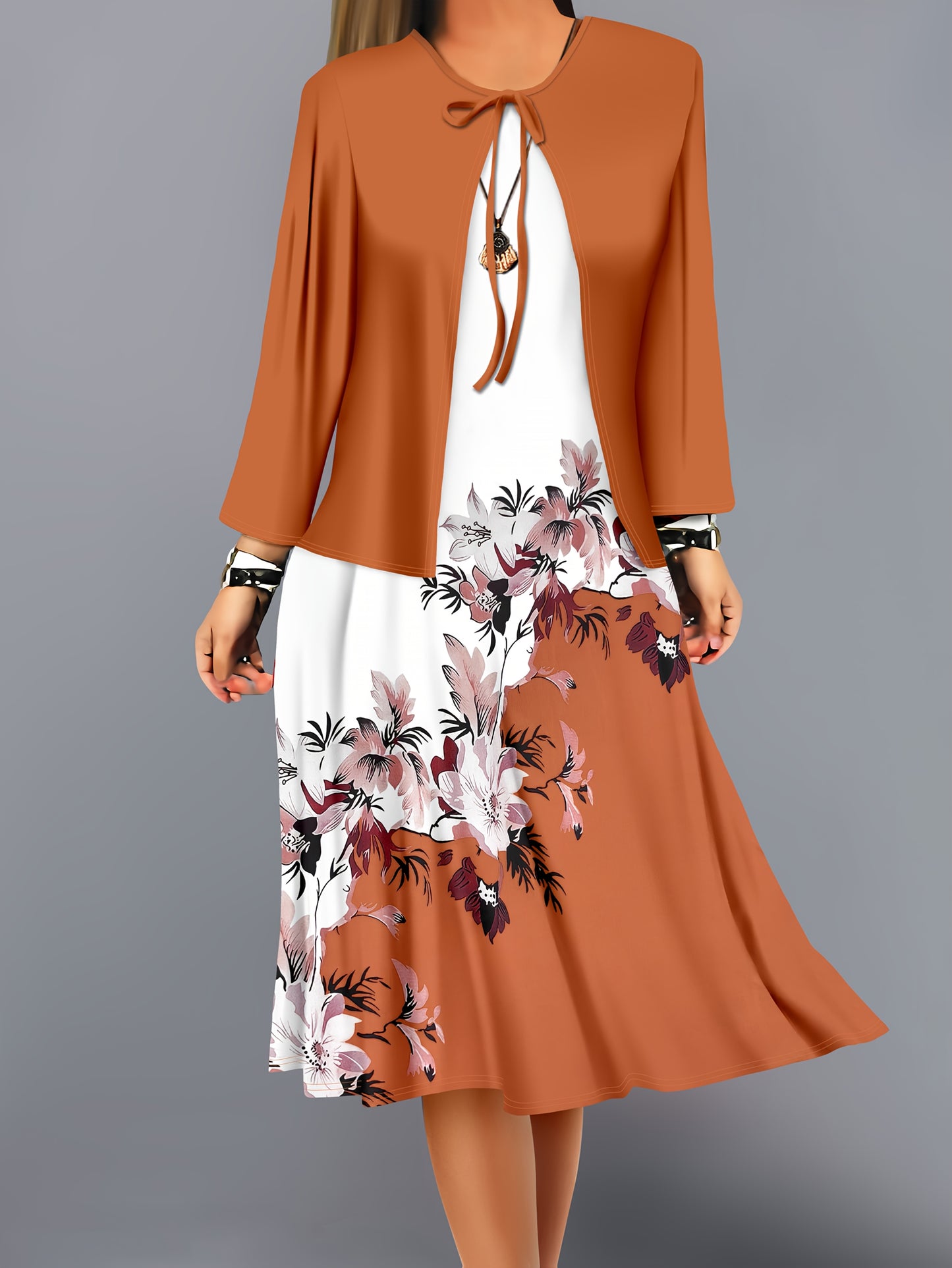 Fashion Women's solid color small cardigan and floral print patchwork dress two-piece set