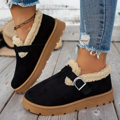 Women'S Warm Fleece-Lined Ankle Slippers, Solid Color, Round Toe, Fabric Upper/Inner, Rubber Sole, Cozy Winter Footwear