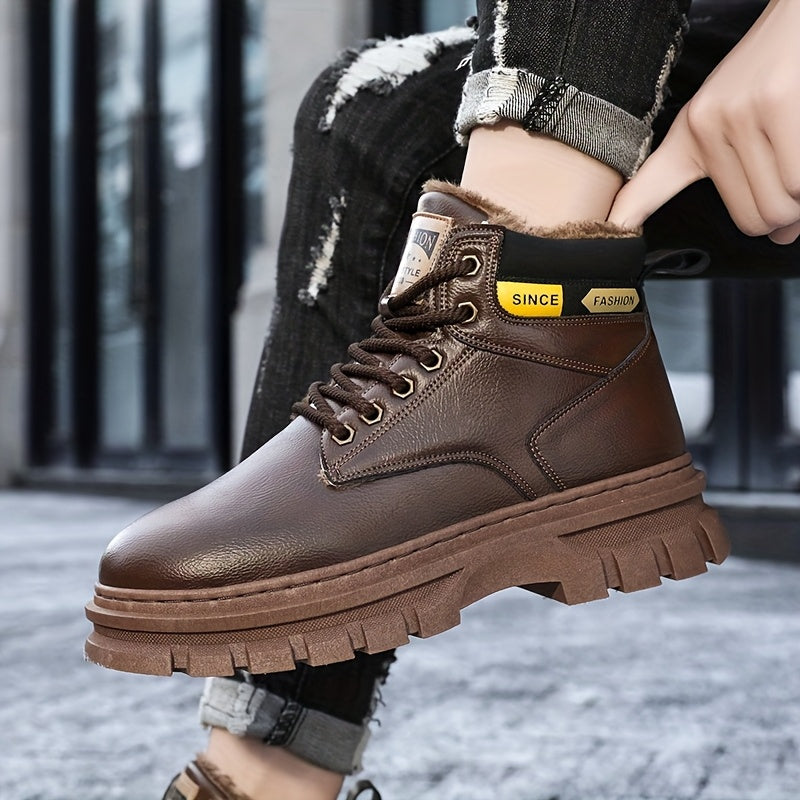 Men'S High-Top Winter Snow Boots - Heavy-Duty Thermal Insulated Cold Weather Boots with Lace-Up Closure, Non-Slip Rubber Sole - Brown - for Hiking, Outdoor