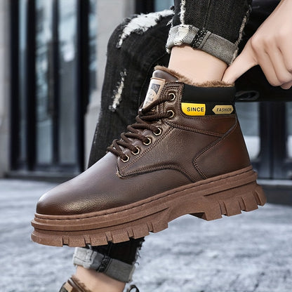 Men'S High-Top Winter Snow Boots - Heavy-Duty Thermal Insulated Cold Weather Boots with Lace-Up Closure, Non-Slip Rubber Sole - Brown - for Hiking, Outdoor