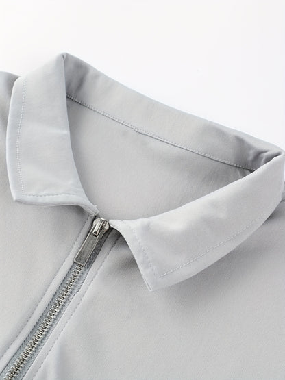 [Golf Apparel] Men's Classic White Shirt - Casual Summer Style with Short Sleeves, Zipper Collar, and Stretch Polyester Fabric - Perfect for Streetwear & Golf