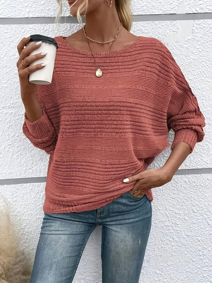 1 հատ Women'S Casual Crew Neck Knit T-shirt - պոլիեսթեր պինդ գույնի երկարաթև վերնաշապիկ գարնան/աշունի համար