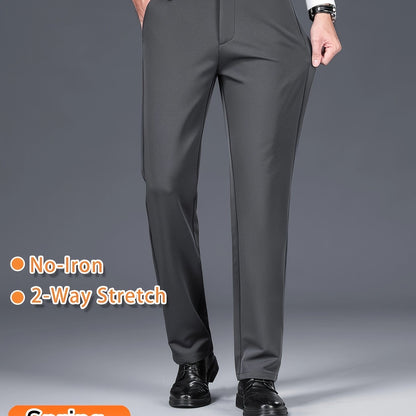Men's Solid Color Dress Pants, Classic Design Slightly Stretch Formal Dress Pants For Business Occasions, Spring And Fall