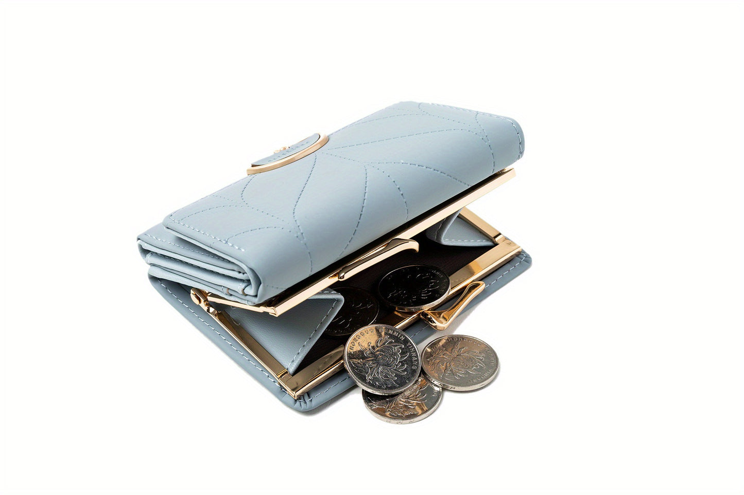 Compact Trifold Wallet for Women in Mint Green Featuring a Golden Clasp And Zippered Coin Compartment, Adorned with a Floral Pattern And Designed for Multiple Card Storage