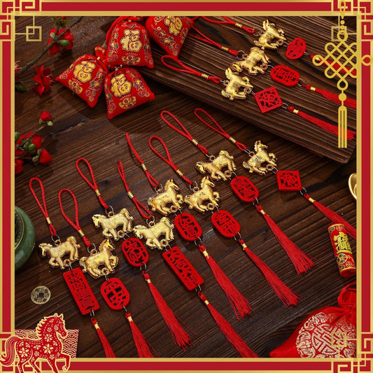 10pcs 2026 Year of The Horse Knot Charm | Chinese New Year Decorations Car Pendant Tassel Knot Feng Shui Charm for Wealth Good Luck, Plastic, Vintage Style