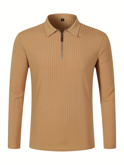 Men's Casual Sports Ribbed Long Sleeve Zipper Lapel Golf Shirt, Spring And Fall