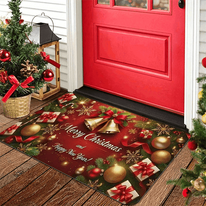 1pc Christmas & New Year Welcome Mat with Merry Christmas & Happy New Year Greeting, Red/Golden/Green Holiday Design, Non-Slip Backing, Heavy-Duty 600g/m² Polyester, Machine Washable Indoor/Outdoor Door Mat with Pine Branche
