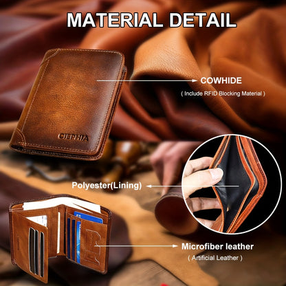 1 հատ CIEPHIA Vintage բնական կաշվից RFID արգելափակող դրամապանակ տղամարդկանց համար՝ բարակ, բազմաֆունկցիոնալ նույնականացման և կրեդիտ քարտի կրիչ, դաջված տարբերանշանով շագանակագույն, Իդեալական նվեր Սուրբ Վալենտինի օրվա համար