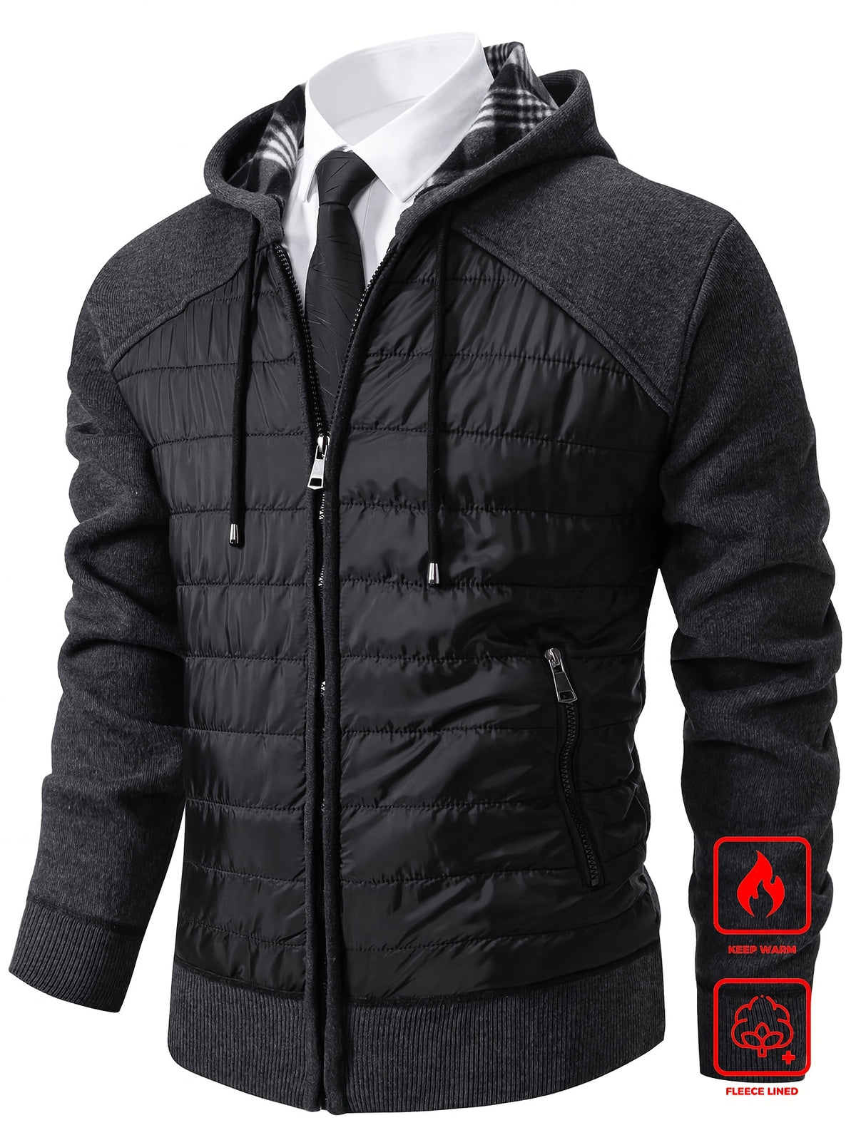 Men's Quilted Hooded Zip-Up Jacket with Plaid Lining for Winter