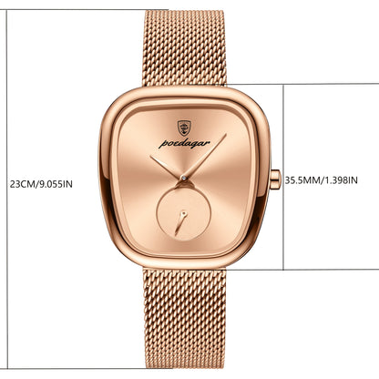 POEDAGAR Elegant Women's Quartz Watch - Waterproof, Stainless Steel Mesh Band, Rose Golden Square Dial, Black Strap, Perfect for Parties & Casual Attire, Stylish Timepiece | Elegant Design | Mesh Strap Watch, Watch Accessorie