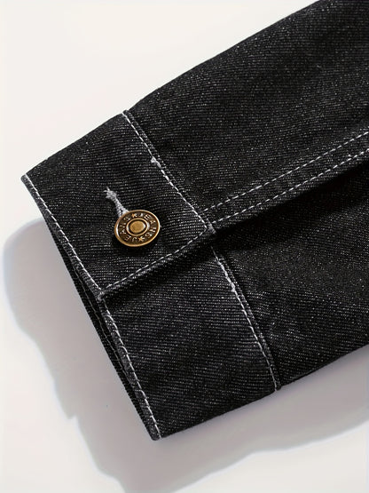 Men's Chic Washed Denim Jacket, Casual Street Style Button Up Contrast Stitching Jacket For Fall Winter