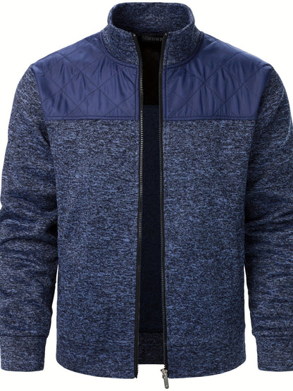 Men's Blocking Quilted Jacket For Spring And Autumn, Casual Stylish Outdoor Stand Collar Coat As Gift