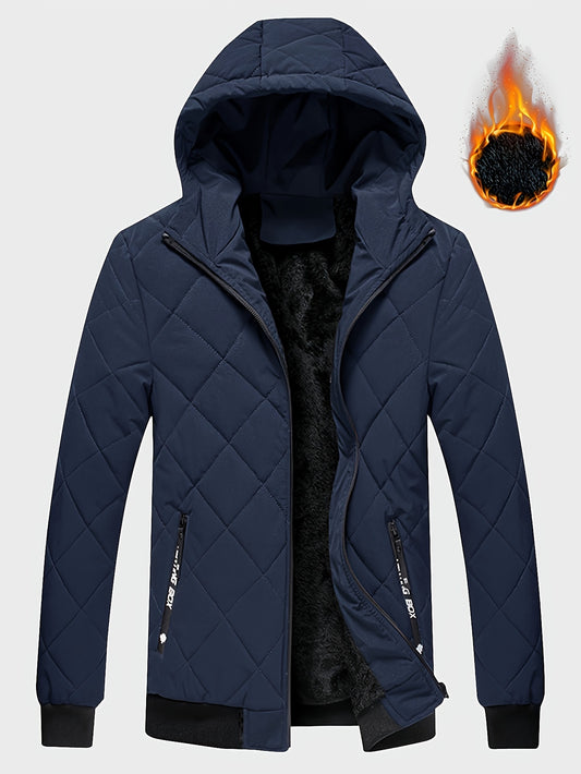 Men's Casual Fleece-Lined Hoodie Jacket - Warm, Windproof Zip-Up Coat with Quilted Design for Fall/Winter, Winter Coat