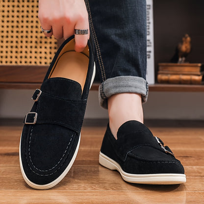 Men's British Style Double Buckle Loafers, Soft Sole Casual Shoes