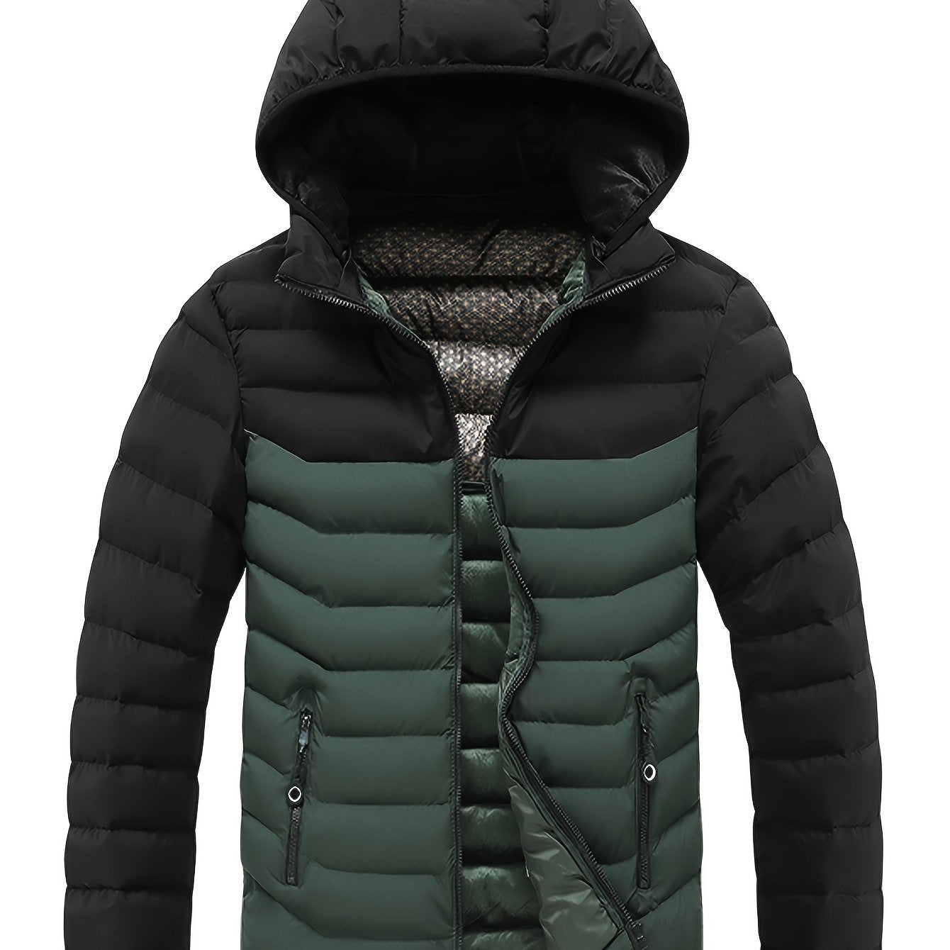 Men'S Winter Jacket with Detachable Hood - Black & Green Color Block, Zip-Up Casual Coat, Long Sleeve, Polyester Lining, Pockets, Regular Fit for Fall/Winter Outdoor Wear, Winter Coat, Fall Outerwear, Trendy Winter Jacket, Du