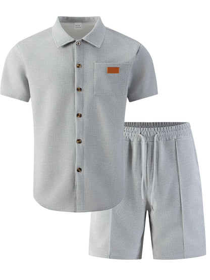Men's Casual 3-Piece Set: Waffle Knit Shirt, Shorts & Pants