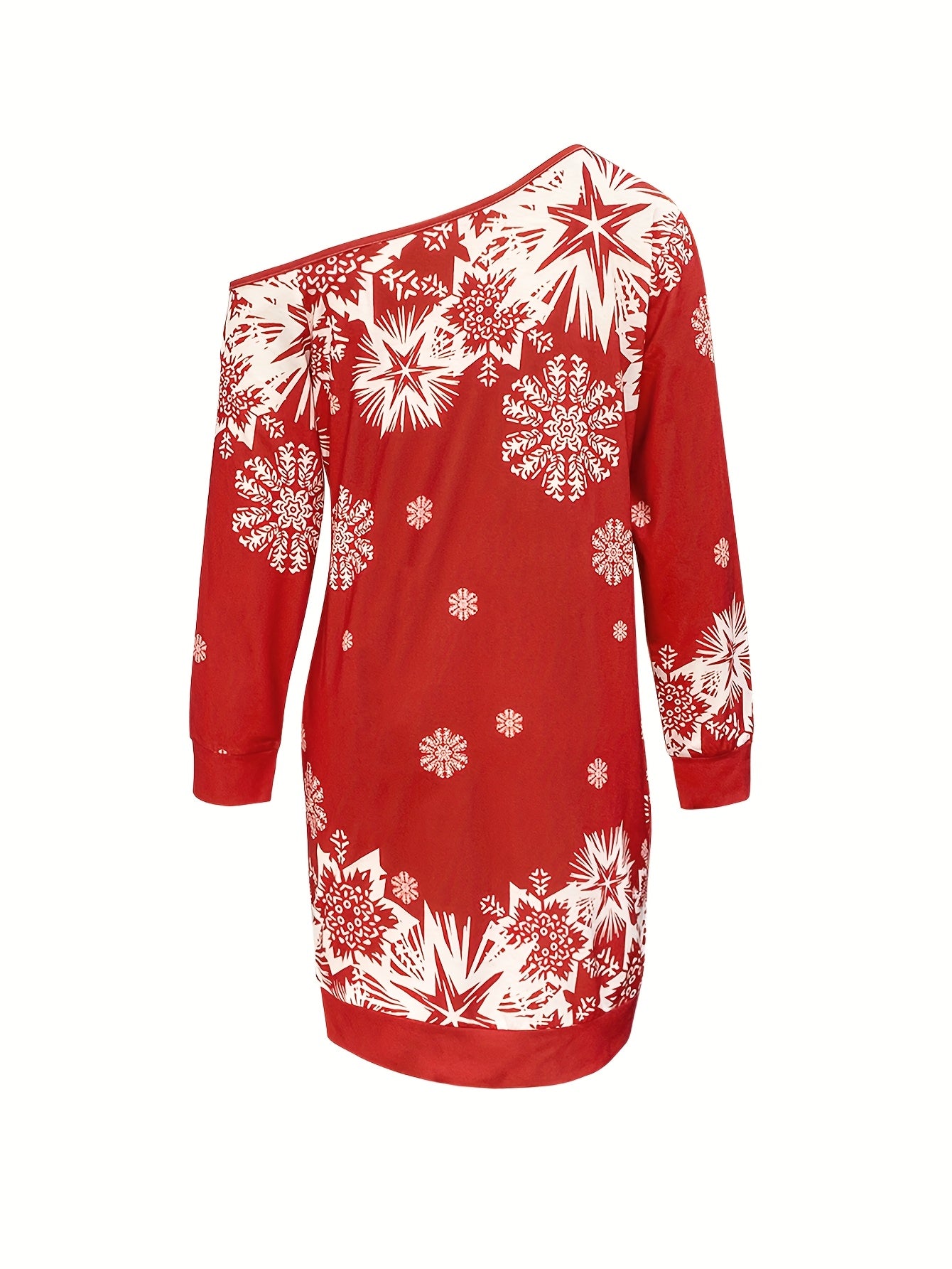 Women'S Elegant Off-Shoulder Red & Snowflake Print Winter Dress with Puff Sleeve & Round Neck - Long Sleeve Party Dress for Christmas, New Year'S Eve, Winter Events - Machine Washable, Christmas Dress, Festive Attire, Offshou
