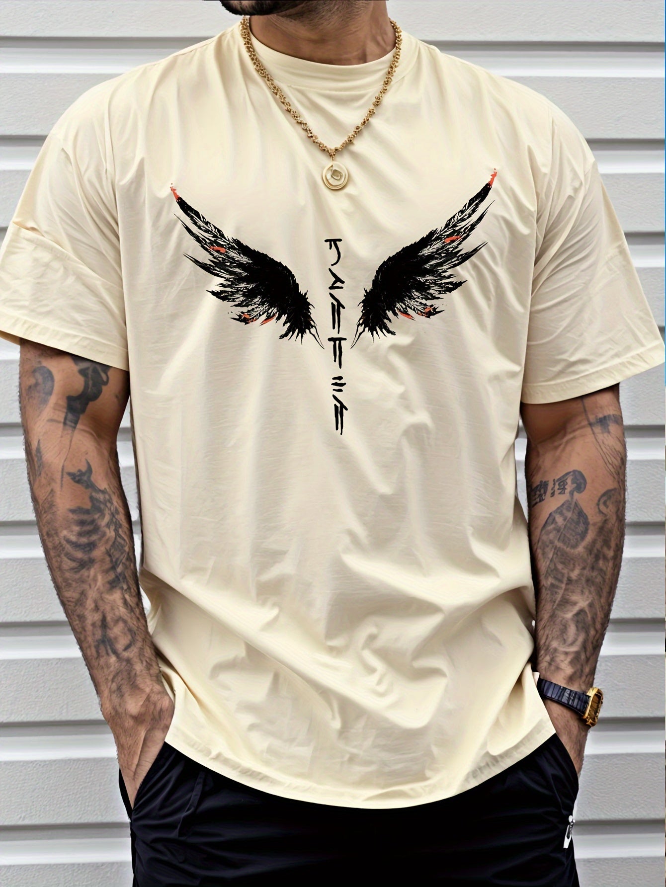 Wings Print Men's Creative Top, Casual Short Sleeve Crew Neck T-shirt, Men's Clothing For Summer Outdoor