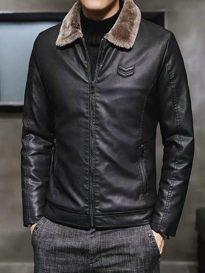 Men'S Winter Jacket with Fur-like Collar - Black Zip-Up Coat, Polyester-Lined Cold Weather Jacket for Formal & Casual Outfits, Easy-Care Non-Stretch Outerwear, Seasonal Fashion, Sleek Design, Durable Fabric, Urban Style