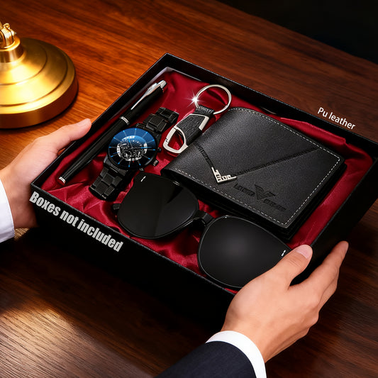 HIKUN 5pcs Men's Luxury Accessory Gift Set - Watch, Wallet, Keychain, Fashion Glasses, Pen Bundle with Zinc Alloy Strap & Quartz Movement Watch - /Anniversary Gift for Him, Dad, Boyfriend (Complete Surprise Set)