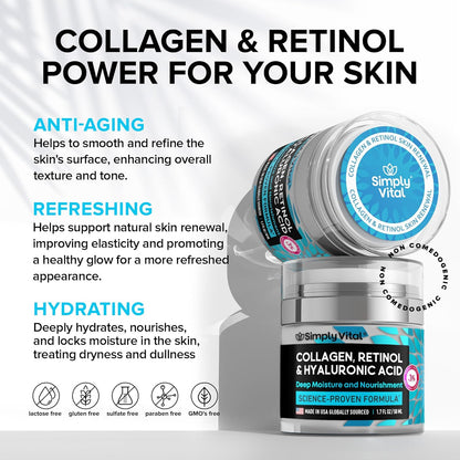 Simplyvital Collagen, Retinol & Hyaluronic Acid Cream - Anti-Aging Face Moisturizer for Face, Neck & Décolleté - Made in USA, Daily Moisturizer Face Cream - 1.7 Fl.Oz.