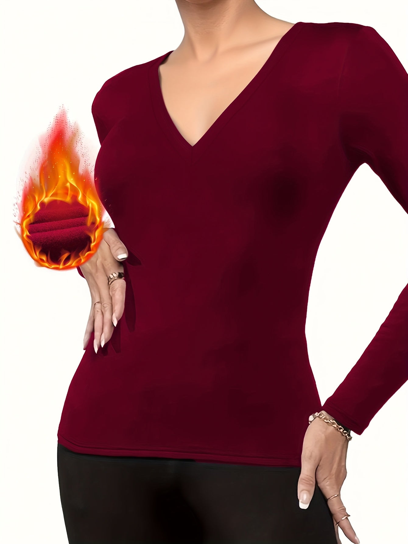 Women'S V-Neck Long Sleeve Top - Elegant Maroon Blouse with Fire Design, Stretchy Fabric for Fall/Winter, Office, Party, Everyday Outfits - Women'S Fashion Clothing, Ladies Tops And Blouses, Party Attire, Office Wear, Stylish