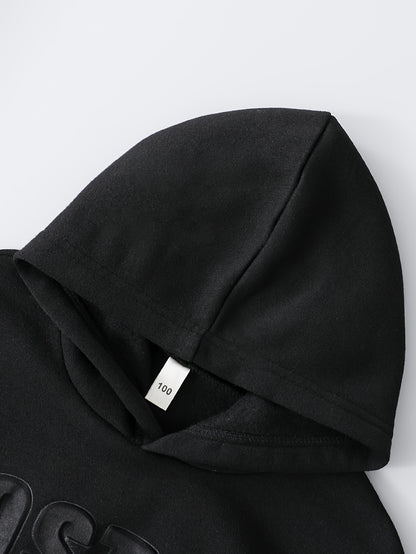 2pcs Set of 3D Embossed Letter Solid Color Thickened Hooded Sweatshirt for Autumn and Winter, Fleece-Lined Fabric with Comfortable Feel and Strong Warmth, Fashionable Versatile Unisex ' Hoodie with Round Neck Pullover, Perfec