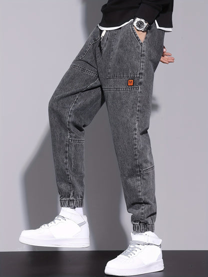 Men's Street Style Harem Jeans - Casual Loose Fit with Elastic Drawstring Waist, Versatile & Stylish for All Seasons